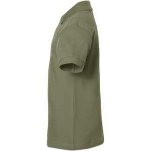 A side view of a classic polo shirt in olive green with short sleeves and a collar. It features a logo.