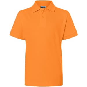 An orange polo shirt with a collar and short sleeves, featuring a logo on the chest.