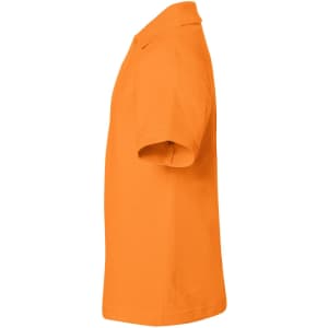 An orange polo shirt in a side view, featuring short sleeves and a collar. The shirt has a logo on it.