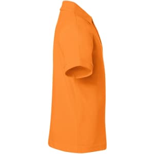 An orange classic polo shirt with a collar and short sleeves, featuring a logo on the chest.