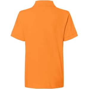 An orange polo shirt for juniors, featuring a collared neckline and short sleeves. It has a logo on the back.