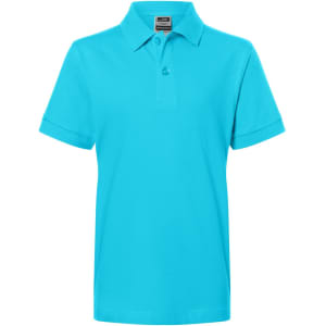 A turquoise polo shirt featuring a collar and a logo on the label. Suitable for juniors.