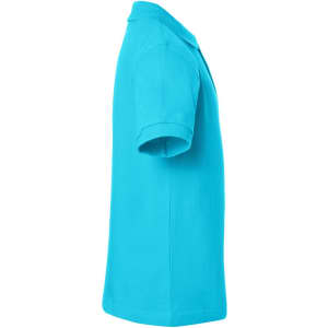 A turquoise polo shirt displayed from the side, featuring short sleeves and a collar. It has a logo on it.