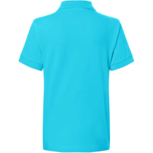 A short-sleeved polo shirt in vibrant aqua blue, featuring a collar and a branded logo on the back.