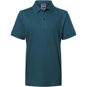 A teal polo shirt with a collar and a single button, featuring rolled sleeves and a brand label.