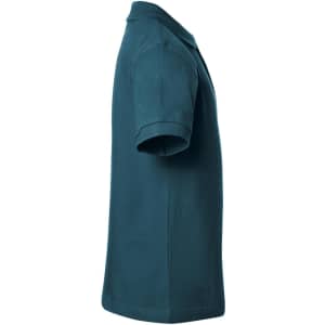 A teal polo shirt featuring short sleeves and a classic collar, complete with a logo.