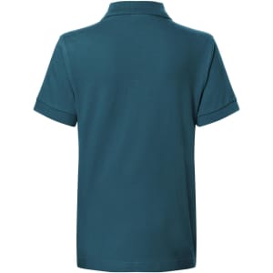 A classic polo shirt in teal colour featuring a collar and short sleeves, with a branding logo.
