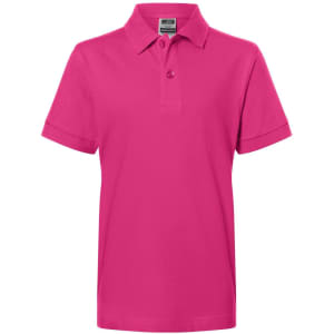 A pink polo shirt with a collar and short sleeves, featuring a branding logo.