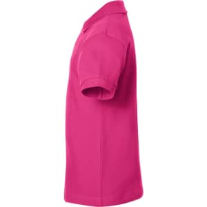 A bright pink polo shirt viewed from the side, featuring short sleeves and a classic collar. It has a logo.