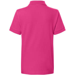 A pink polo shirt with a classic design, featuring a collar and short sleeves. It has a logo on the front.