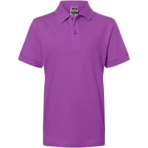 A purple polo shirt featuring a collar and short sleeves, with a logo displayed on the front.