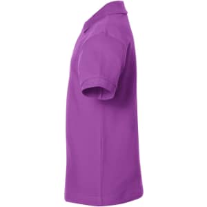 A purple polo shirt displayed from the side, featuring a collar and short sleeves. The shirt has a logo.
