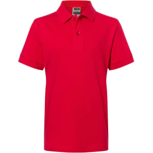 A red Classic Polo Junior shirt with a collared neckline and short sleeves, featuring a logo.