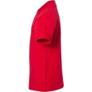 A red polo shirt featuring a collar and short sleeves, with a logo on the side.