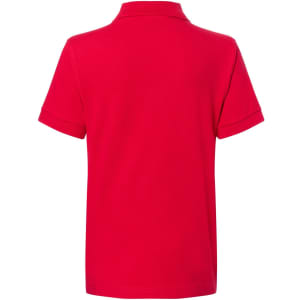 A red polo shirt with a collar and short sleeves, featuring a logo on the back.
