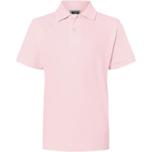 A pink Classic Polo Junior shirt featuring a collar and short sleeves, with a logo present.
