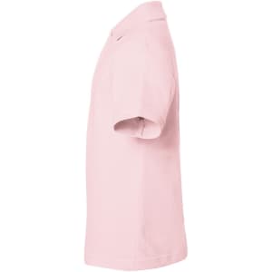 A side view of a pink Classic Polo Junior shirt with a collar. The shirt features short sleeves and has a logo.