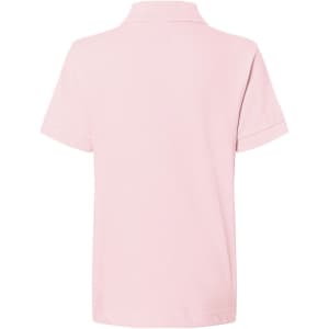 A pink polo shirt with a classic collar and short sleeves, featuring a logo on the back.