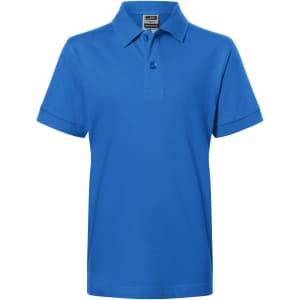 A blue polo shirt with a collar, short sleeves, and a button placket, featuring a branding logo.