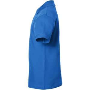 A blue Classic Polo Junior shirt with short sleeves and a collar, featuring a logo on the front.