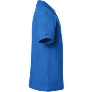 A blue polo shirt with short sleeves, featuring a collar and a side view showcasing its smooth texture.