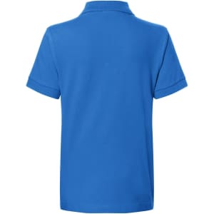 A blue polo shirt with a classic design, featuring short sleeves and a collar, displaying a logo on the back.