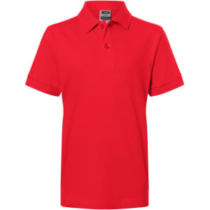 A red polo shirt with a classic design featuring a collar and short sleeves. It has a label inside and includes a logo.