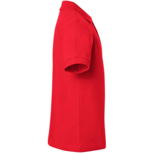 A red polo shirt, styled with a classic design, featuring short sleeves and a collar. It includes a logo.