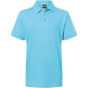 A light blue polo shirt with a collar and short sleeves, featuring a logo on the chest.