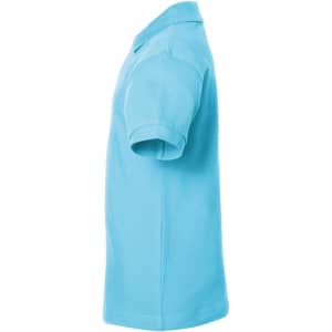 A turquoise polo shirt with a classic design, featuring short sleeves and a collar. It has a logo on the chest.