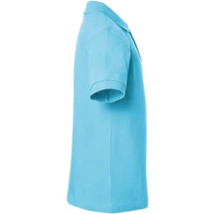 A light blue polo shirt with a collar and short sleeves, featuring a logo on the chest.