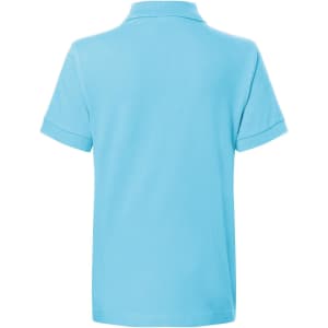 A blue polo shirt with a classic design, featuring short sleeves and a collar, and a logo on the back.