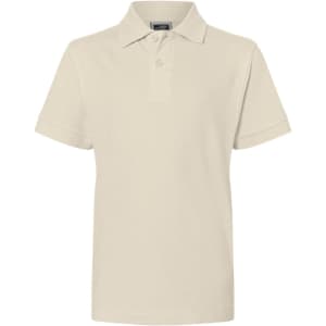 A Classic Polo Junior in beige colour featuring a collar, short sleeves, and a logo on the chest.