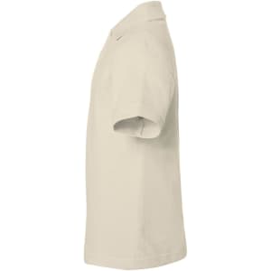 A classic polo shirt in a light beige colour, featuring short sleeves and a collar, with a logo displayed.