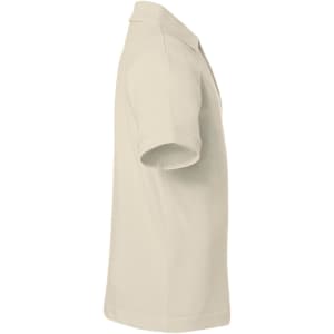 A beige polo shirt with short sleeves and a collar, featuring a logo on the side.