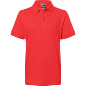 A red polo shirt with a classic collar and short sleeves. It has a brand logo on the chest area.