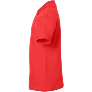 A red polo shirt with a classic design and short sleeves, featuring a logo on the front.
