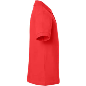 A red polo shirt viewed from the side, featuring a collar and short sleeves. It has a logo on it.