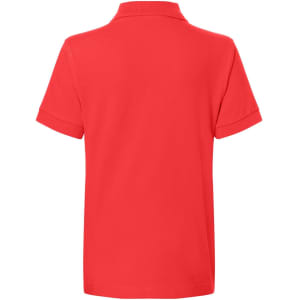 A red polo shirt with short sleeves and a collar, featuring a logo on the back.