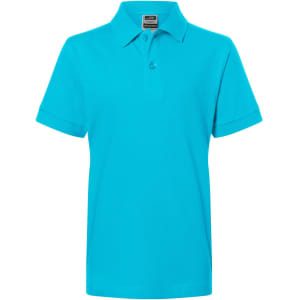 A turquoise polo shirt with a classic collar and short sleeves, featuring a logo on the label.