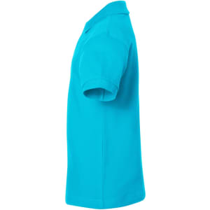 A side view of a bright turquoise polo shirt. The shirt features short sleeves and a collar. It has a logo on the front.
