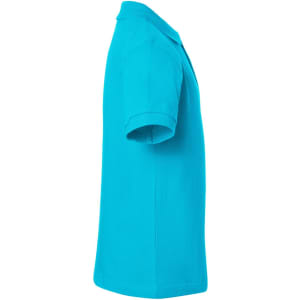 A turquoise polo shirt displayed from the side, featuring short sleeves and a collar, with a logo present.