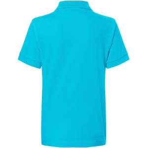 A turquoise polo shirt with a collar and short sleeves, featuring a branded logo.