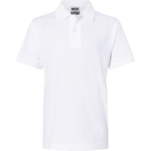 A white polo shirt with a classic collar and short sleeves, featuring a branding logo.