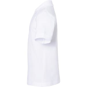 A white polo shirt with short sleeves, featuring a collar and a logo on the chest.