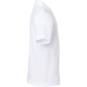 A white polo shirt with short sleeves and a collar. The shirt features a logo on the side.
