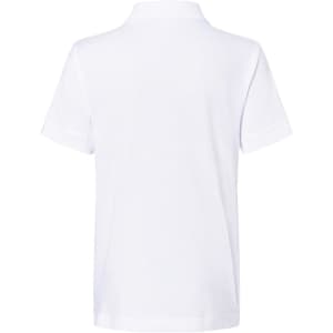 A white polo shirt with a classic design and a collar, featuring short sleeves and a logo.