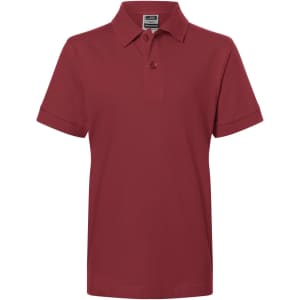 A red polo shirt with a classic collar and short sleeves, featuring a tag and no visible logos.