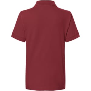 A back view of a maroon Classic Polo Junior shirt, featuring short sleeves and a collar, with a logo.