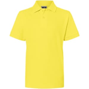 A yellow polo shirt with a collar and short sleeves, featuring a logo on the chest.